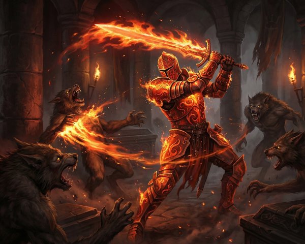 Fiery Knight in Armor Confronts Snarling Werewolves