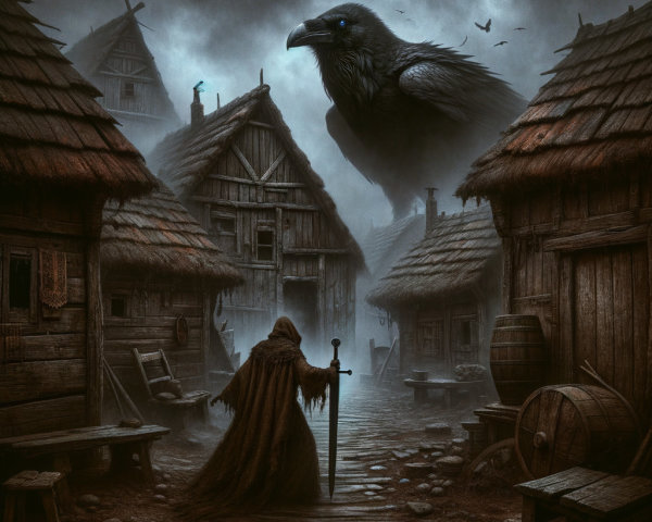 Cloaked Figure and Raven in Medieval Village Scene