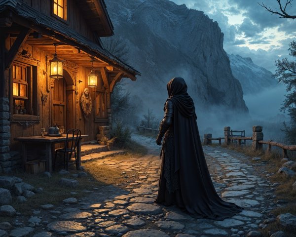 Cloaked Figure by Rustic Cabin in Misty Landscape