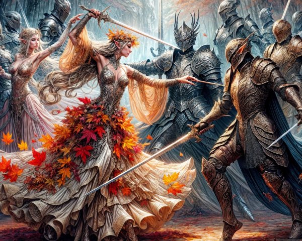 Battle in a Mystical Forest with Autumn Leaves