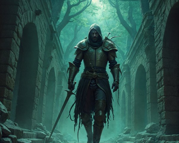 Mysterious Figure in Weathered Armor in Ancient Ruins