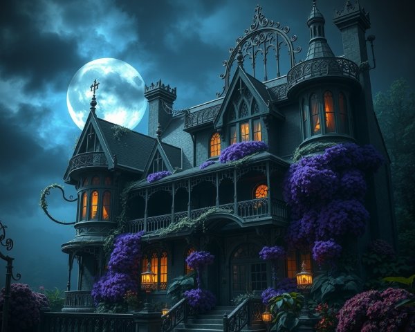 Gothic mansion under moonlight with vibrant flowers