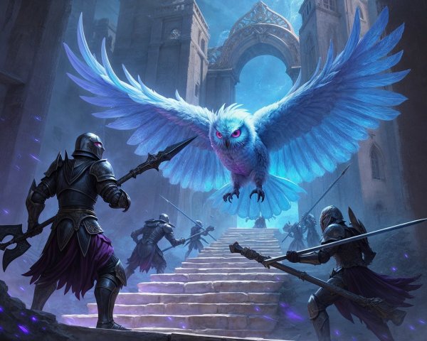 Giant Blue Owl Overlooks Armored Warriors in Battle