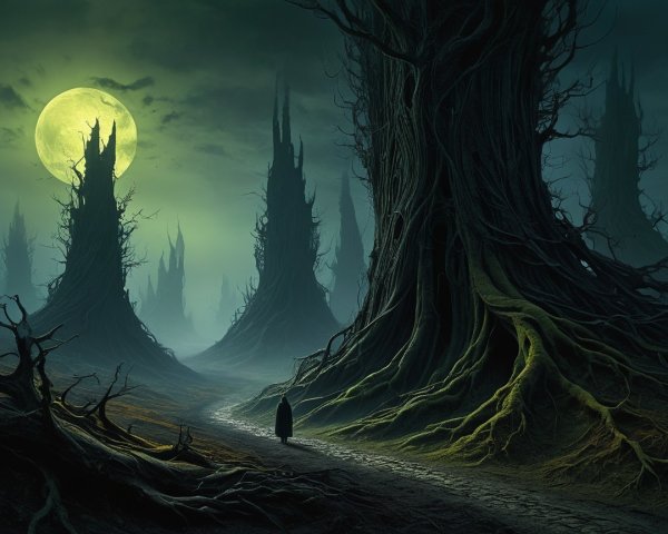 Mysterious Forest with Twisted Trees and Glowing Moon
