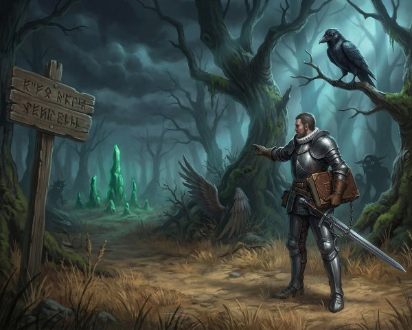 Armored Knight in Dark Forest with Crystals and Raven