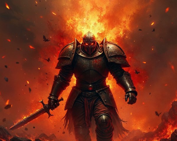 Knight in Dark Armor Surrounded by Flames and Embers