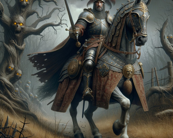Knight in Armor Riding Through Eerie Fantasy Landscape