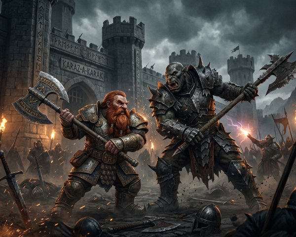 Dramatic Battle Scene of Dwarf Warrior and Orc
