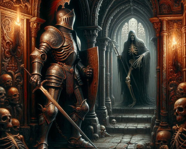 Gothic Knight and Skeletal Figure in Dark Setting