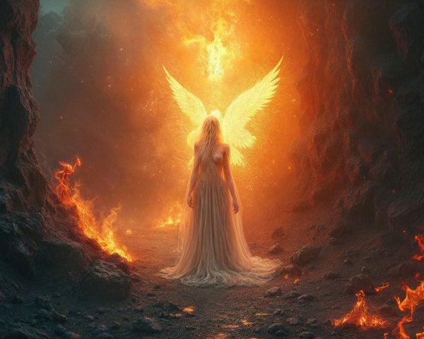 Serene Figure in Fiery Landscape with Angelic Wings