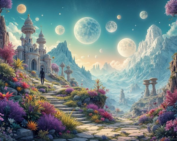 Fantastical Landscape with Winding Pathway and Towers