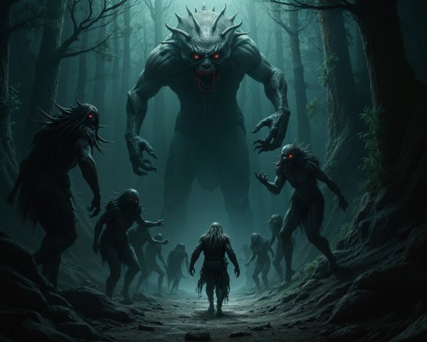 Monstrous Figure in Dark Forest with Sinister Creatures