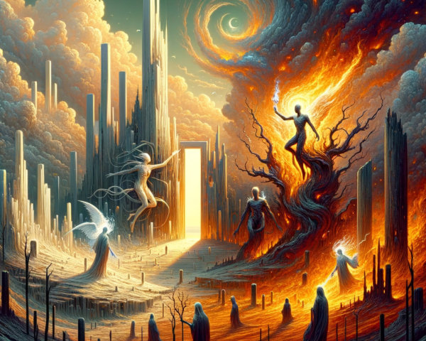 Surreal Landscape with Ethereal Figures and Crystalline Spires