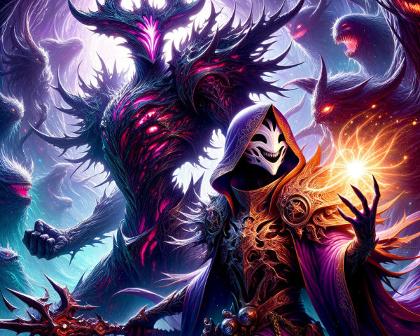 Mysterious Figure in Dark Forest with Twisted Creature