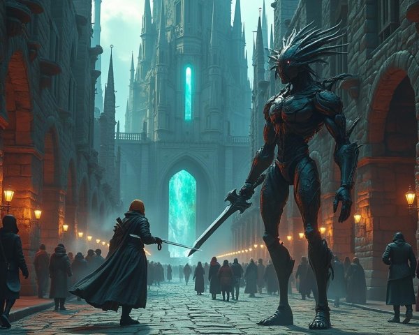 Warrior Faces Armored Creature in Mystical City Street