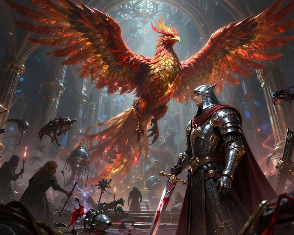 Golden and Red Phoenix in Battle Scene with Knights