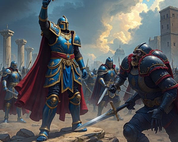 Heroic Knight in Armor Amidst Impending Battle Scene