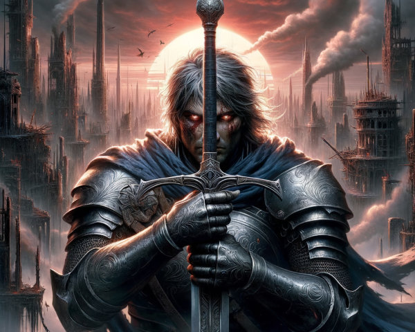 Brooding Warrior in Ruined Landscape at Sunset