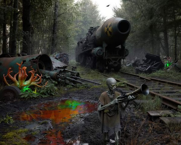 Surreal Post-Apocalyptic Scene with Alien Creature