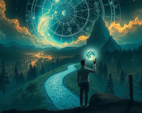 Figure on Winding Path with Glowing Earth Orb