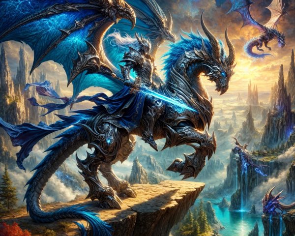 Knight on Dragon in Mystical Landscape at Sunset