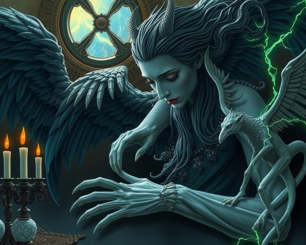 Mysterious Figure with Dark Wings in Dimly Lit Room