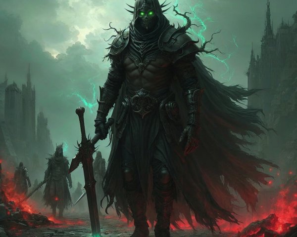 Armored Figure in Dark Landscape with Green Glow