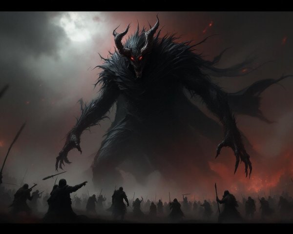 Massive Dark Figure Overlooks Battlefield with Warriors