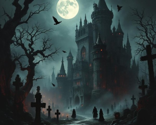 Dark Landscape with Ominous Castle and Shadows