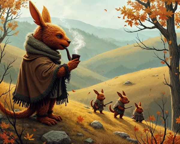 Autumn Landscape with Furry Creatures in Cloaks