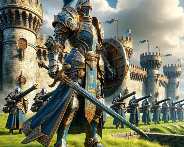 Knight in Blue and Gold Armor Before Castle and Soldiers