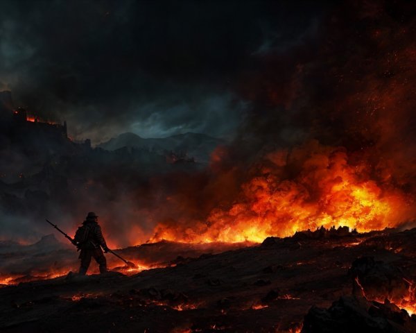 Solitary figure in a fiery, chaotic landscape