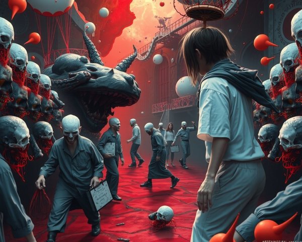 Surreal Scene with Eerie Figures and a Dragon Creature