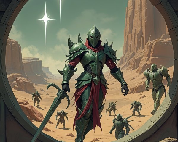 Knight in Green Armor at Circular Doorway in Desert