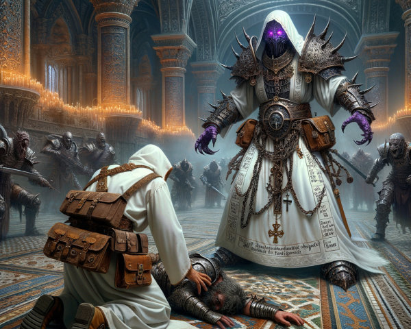 Cloaked Figure and Armored Being in Dim Cathedral Scene