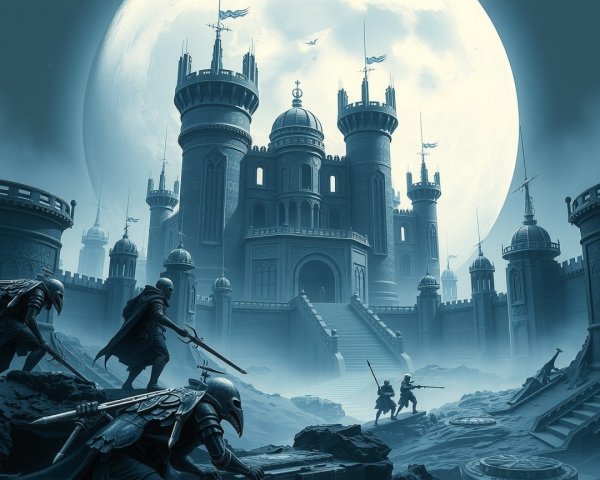 Mystical Castle Under Full Moon with Shadowy Figures