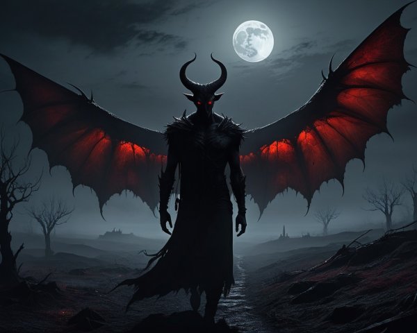 Ominous Figure with Bat Wings Under Full Moon