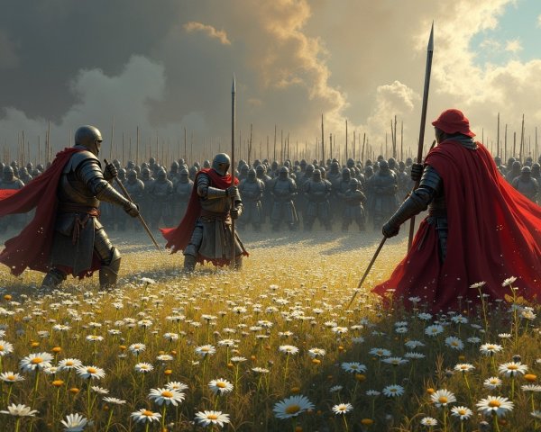 Knights in Armor Prepare for Battle in Daisy Field