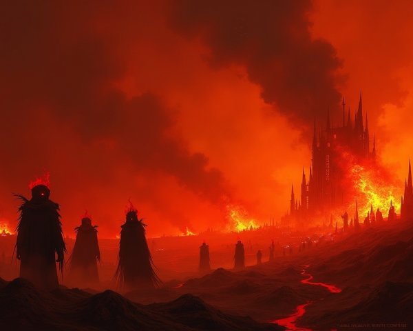 Haunting Fiery Landscape with Dark Castle and Shadows