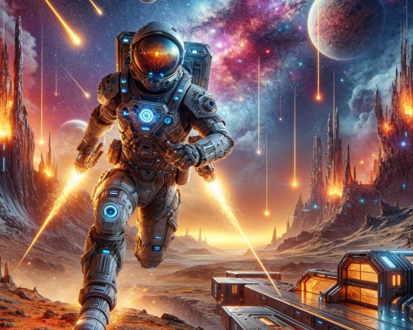 Astronaut in High-Tech Suit on Alien Landscape