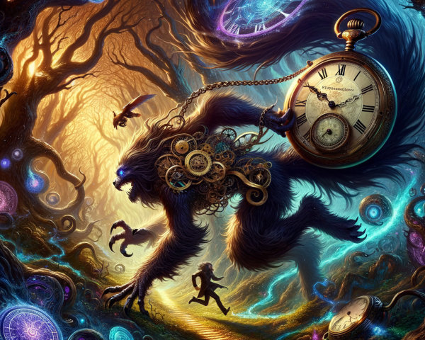 Shadowy Creature and Figure in Mystical Forest Scene