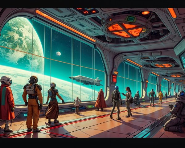 Futuristic Space Station Corridor with Alien Planet View