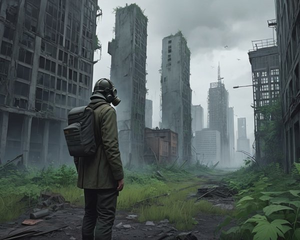 Desolate Urban Landscape with Gas Mask Figure