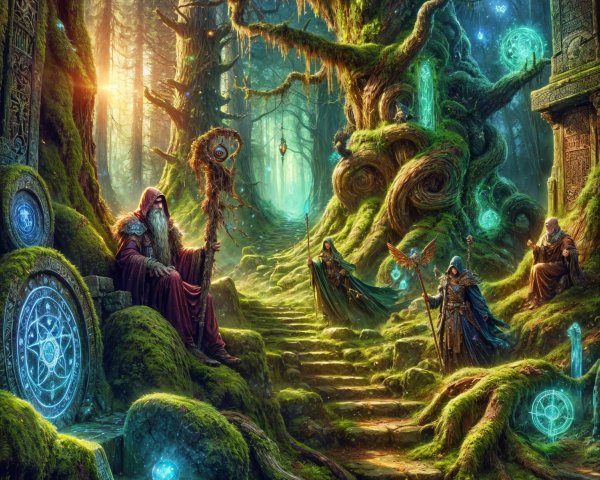Mystical Gathering of Wizards in Enchanted Forest