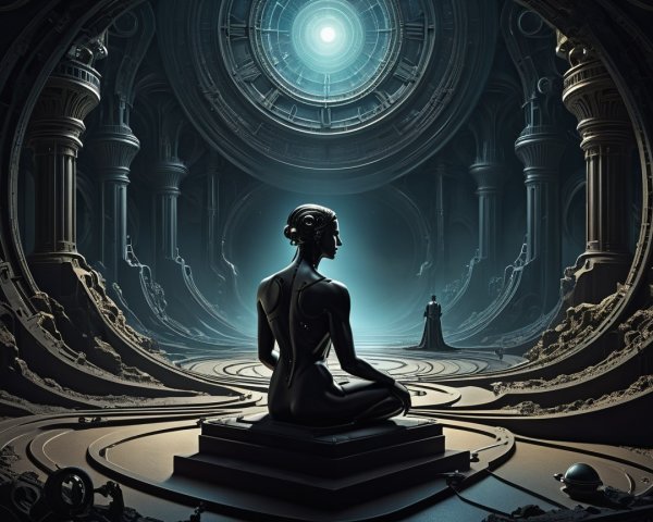 Futuristic Chamber with Humanoid Figure and Patterns