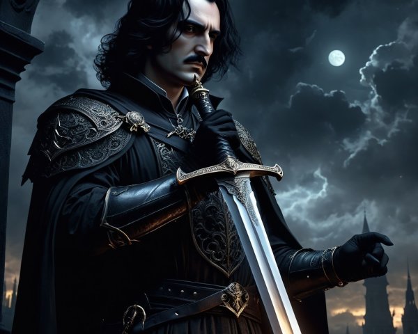 Dark Figure in Elaborate Armor Under Moonlit Sky