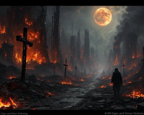 Desolate landscape with flames, smoke, and ruins