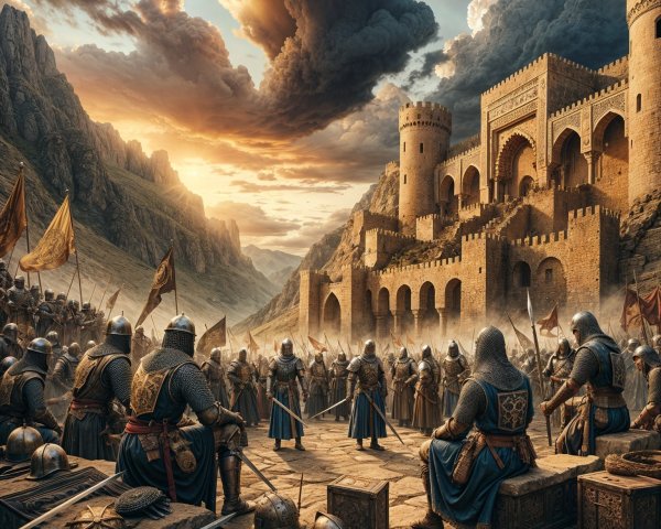 Armored Knights Gather Before Medieval Fortress at Sunset