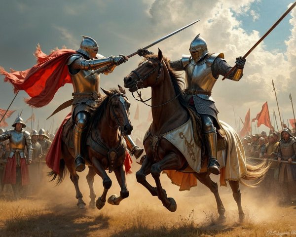 Knights in Armor Clash on a Battlefield Scene