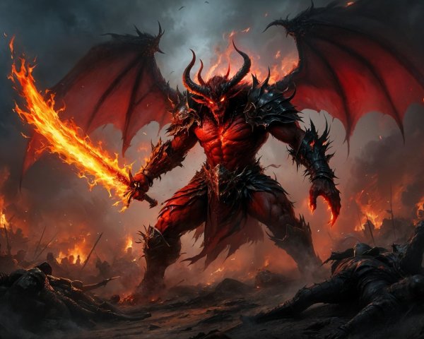 Demon in Spiked Armor on a Fiery Battlefield